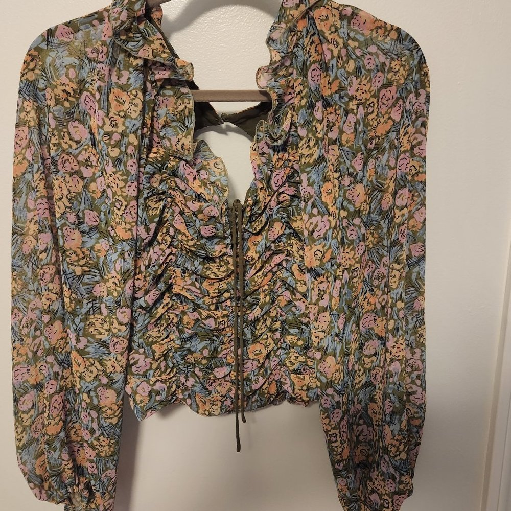 Free People Mabel Smocked Peasant Blouse Floral Garden Combo Small